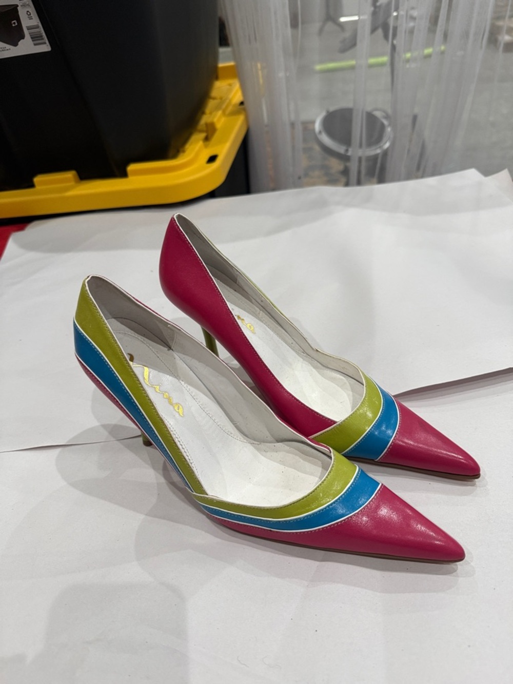 Nina Pink, Blue & Lime Colorblock Pointed Toe Pumps